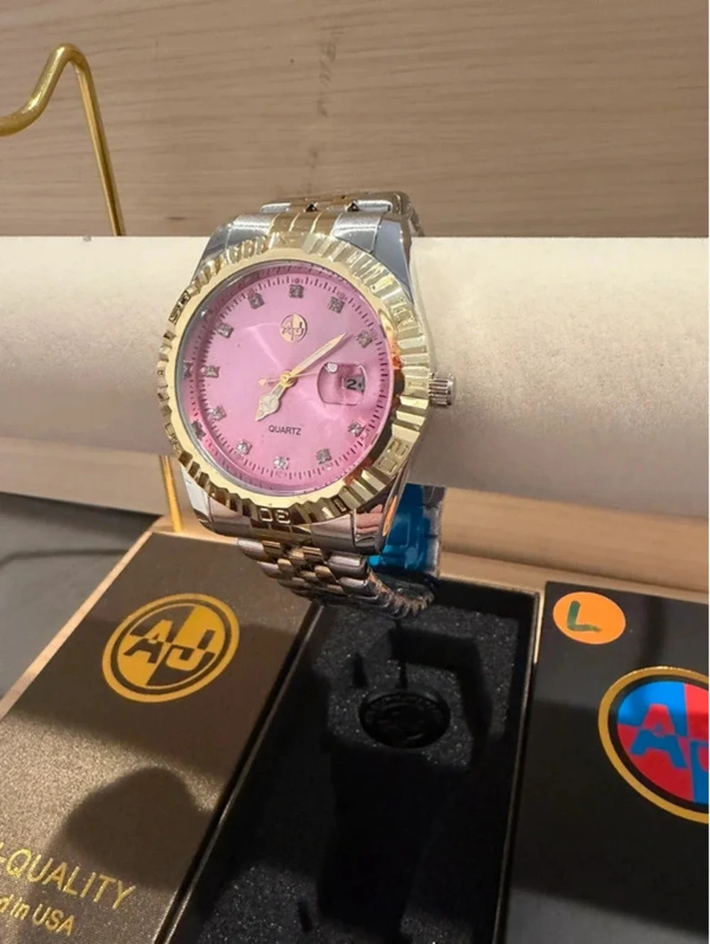 AJ American Jewelry Two Tone Pink Dial Quartz Watch NIB